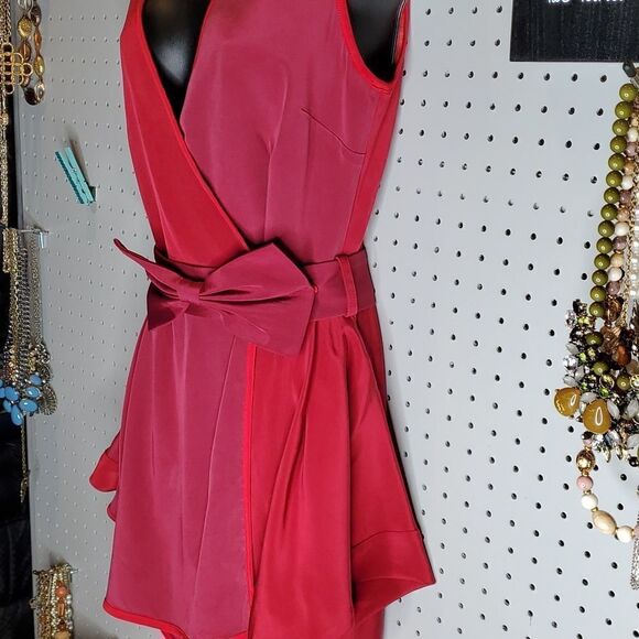 Alice + Olivia Red Two-Tone Silk Wrap Dress With Bow Belt, Sz Medium - Picture 5 of 10